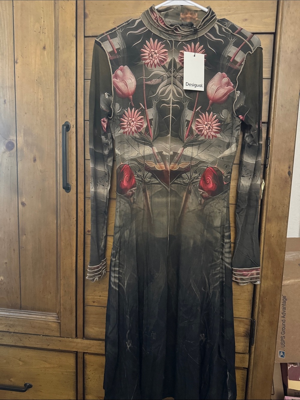 Desigual Olive and Black Floral Mock-Neck Long Sleeve Dress